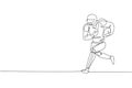 Single continuous line drawing of young agile american football player running fast to avoid rival team for competition media.