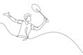 Single continuous line drawing of young agile badminton player give drop shot hit to opponent. Sport concept. Trendy one line draw