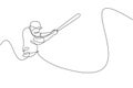 Single continuous line drawing of young agile man baseball player hit the ball home run so hard. Sport exercise concept. Trendy
