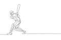 Single continuous line drawing of young agile man cricket player practicing hit the ball at field vector illustration. Sport