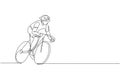 Single continuous line drawing of young agile man cyclist train to pedal cycling fast. Sport lifestyle concept. Trendy one line