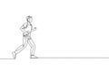 Single continuous line drawing young agile man runner run calm and relax listening to music. Healthy sport action concept. Trendy