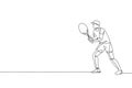 Single continuous line drawing of young agile tennis player concentrate to hit the ball. Sport exercise concept. Trendy one line