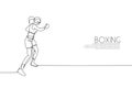 Single continuous line drawing of young agile woman boxer train her punch at sport gym. Fair combative sport concept. Trendy one