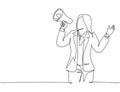 Single continuous line drawing of young angry businesswoman shouting loudly using megaphone to train her speak. Public speaking