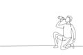 Single continuous line drawing young Arab man drinking water in bottle while squatting after running. Morning exercise causes