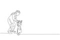 Single continuous line drawing of young Arabian dad holding his daughter`s hand, teaching how to walk. Islamic muslim happy famil