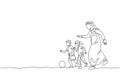 Single continuous line drawing of young Arabian dad running and playing soccer with his son and daughter. Islamic muslim happy