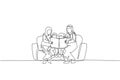 Single continuous line drawing of young Arabian family sitting on sofa together reading a book. Islamic muslim happy family Royalty Free Stock Photo