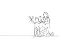 Single continuous line drawing of young Arabian father proud to his son about winning the trophy award. Islamic muslim happy