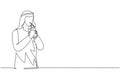 Single continuous line drawing young Arabian male hold plastic cup and drinking orange juice with straw. Make him refreshing in Royalty Free Stock Photo