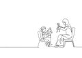 Single continuous line drawing of young Arabian mom and daughter playing princess doll together at home. Islamic muslim happy