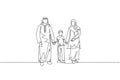 Single continuous line drawing of young Arabian mother and father walk together and hold their boy son`s hand. Islamic Muslim