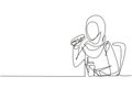 Single continuous line drawing young Arabian woman having hamburger meal and drink cup of cola with hand. Happy and enjoy lunch at
