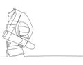 Single continuous line drawing of young architect holding helmet and blueprint roll paper. Building architecture business concept