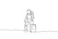 Single continuous line drawing of young astronaut carrying luggage bag want to travel in moon surface. Space man cosmic galaxy