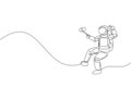 Single continuous line drawing of young astronaut doing selfie shoot while floating in outer space. Space man cosmic galaxy Royalty Free Stock Photo