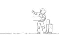 Single continuous line drawing of young astronaut hitchhiker waiting for transport beside the roadway in moon surface. Cosmonaut Royalty Free Stock Photo