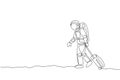 Single continuous line drawing young astronaut pulling suitcase while walking out from airport in moon surface. Space man cosmic