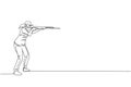 Single continuous line drawing of young athlete woman shooter holding gun and training to aim target tactical shooting. Shooting Royalty Free Stock Photo