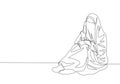 Single continuous line drawing of young attractive middle east muslimah wearing burqa sitting on the floor. Traditional muslim