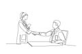 Single continuous line drawing young beautiful female doctor handshake with male doctor at hospital. Great medical healthcare