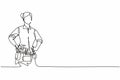 Single continuous line drawing of young beautiful and skillful handywoman holding hands on hip. Professional work job occupation.