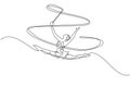 Single continuous line drawing of young beauty professional gymnast girl perform dance with ribbon. Rhythmic gymnastic training