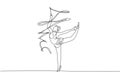 Single continuous line drawing of young beauty professional gymnast girl perform dance with ribbon. Rhythmic gymnastic training