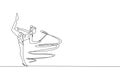 Single continuous line drawing of young beauty professional gymnast girl perform dance with ribbon. Rhythmic gymnastic training