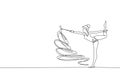 Single continuous line drawing of young beauty professional gymnast girl perform dance with ribbon. Rhythmic gymnastic training