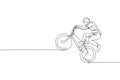 Single continuous line drawing of young BMX cycle rider show extreme risky trick in skatepark. BMX freestyle concept. Trendy one