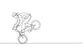 Single continuous line drawing of young BMX cycle rider show extreme risky trick in skatepark. BMX freestyle concept. Trendy one