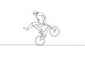 Single continuous line drawing of young BMX cycle rider show extreme risky trick in skatepark. BMX freestyle concept. Trendy one