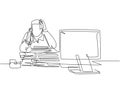 Single continuous line drawing of young bored male worker receiving phone call from customer behind stack of paper. Daily overload