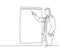 Single continuous line drawing of young business coach pointing finger to the screen board while coaching in front of class.