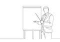 Single continuous line drawing of young business manager giving lecture to apprentice during work meeting. Work presentation