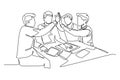 Single continuous line drawing of young businessmen and businesswomen celebrating their successive goal at the business meeting