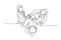 Single continuous line drawing of young businessmen celebrating their successive goal at business meeting with high five gesture