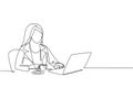 Single continuous line drawing of young businesswoman typing business ideas draft on laptop while holding a cup coffee at office. Royalty Free Stock Photo