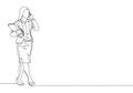 Single continuous line drawing of young businesswoman walking to the office and talking on the smartphone with her friend Royalty Free Stock Photo