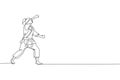 Single continuous line drawing of young confident karateka girl in kimono practicing karate combat at dojo. Martial art sport Royalty Free Stock Photo