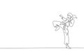Single continuous line drawing of young confident karateka girl in kimono practicing karate combat at dojo. Martial art sport