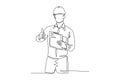 Single continuous line drawing young construction worker foreman carrying clipboard and giving thumbs up gesture. Building Royalty Free Stock Photo