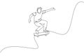 Single continuous line drawing of young cool skateboarder man riding skate and performing jump trick in skate park. Practicing Royalty Free Stock Photo