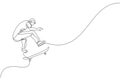 Single continuous line drawing of young cool skateboarder man riding skate and performing jump trick in skate park. Practicing Royalty Free Stock Photo