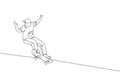 Single continuous line drawing of young cool skateboarder man riding skate and performing jump trick in skate park. Practicing Royalty Free Stock Photo