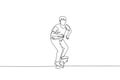 Single continuous line drawing of young cool skateboarder man riding skate and performing trick in skate park. Practicing outdoor Royalty Free Stock Photo