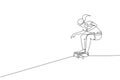 Single continuous line drawing young cool skateboarder woman riding skate and performing trick in skate park. Practicing outdoor Royalty Free Stock Photo