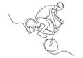 Single continuous line drawing of young cycle rider show freestyle extreme risky trick. One line draw design vector illustration